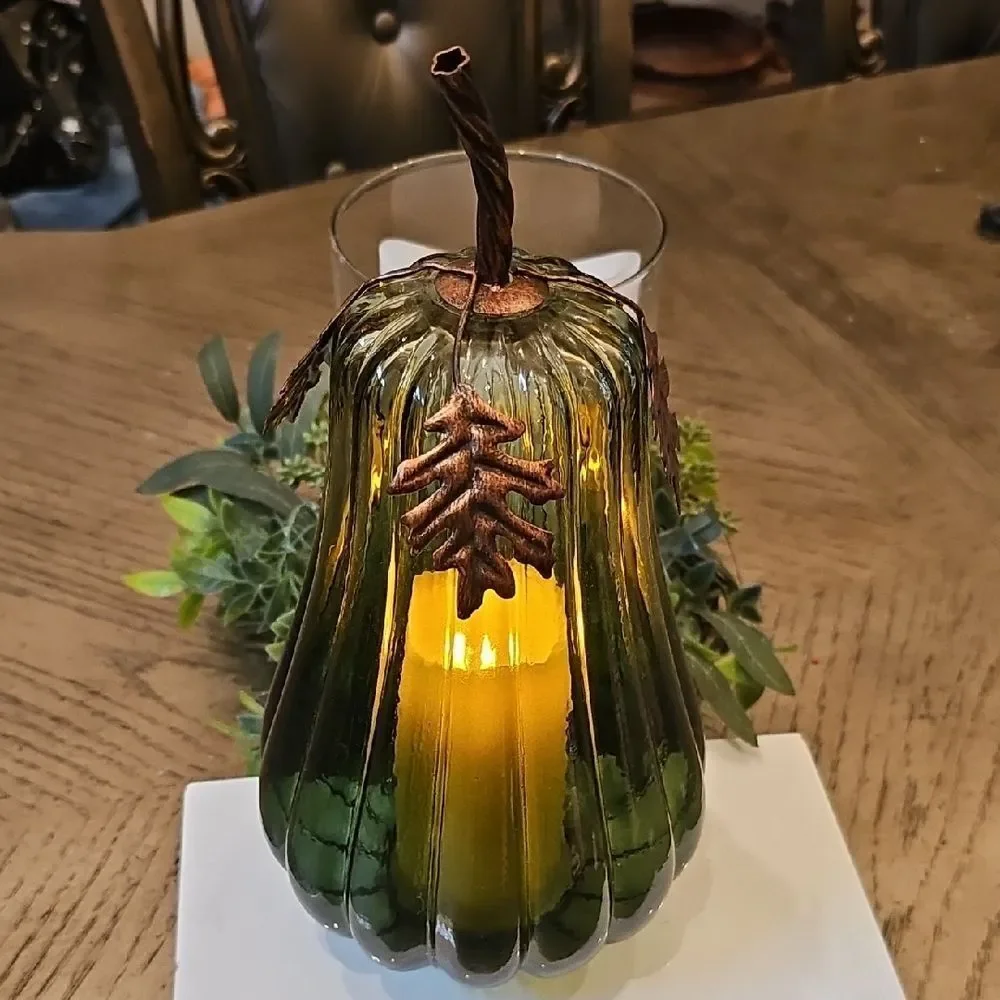 Green Glass Pumpkin Candle Holder